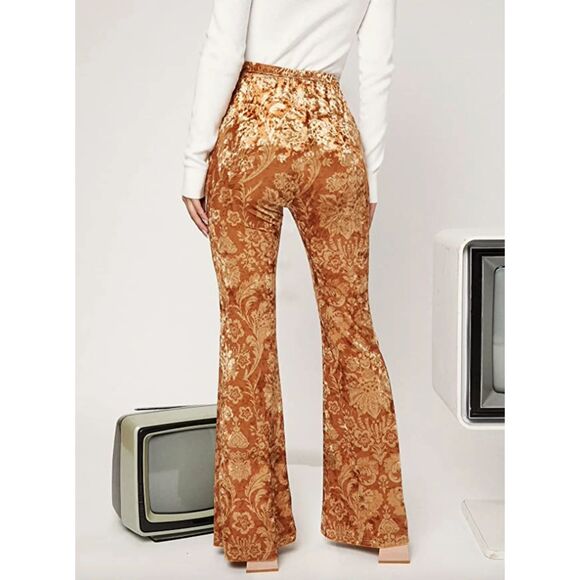 Women's Gold Velvet Floral High Rise Stretch Bell Bottoms Leggings Size XL - Picture 1 of 4